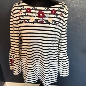 J. Crew Black and White Striped Top with Floral Embroidery